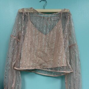 line & dot sequin long sleeve top in light pink size M